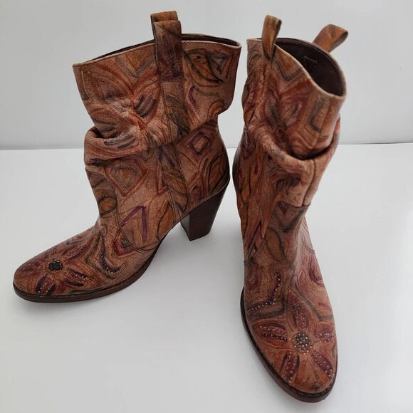 Schutz leather boots slouch ankle boots multi color doodle drawing flower sz 5 B - Picture 1 of 12